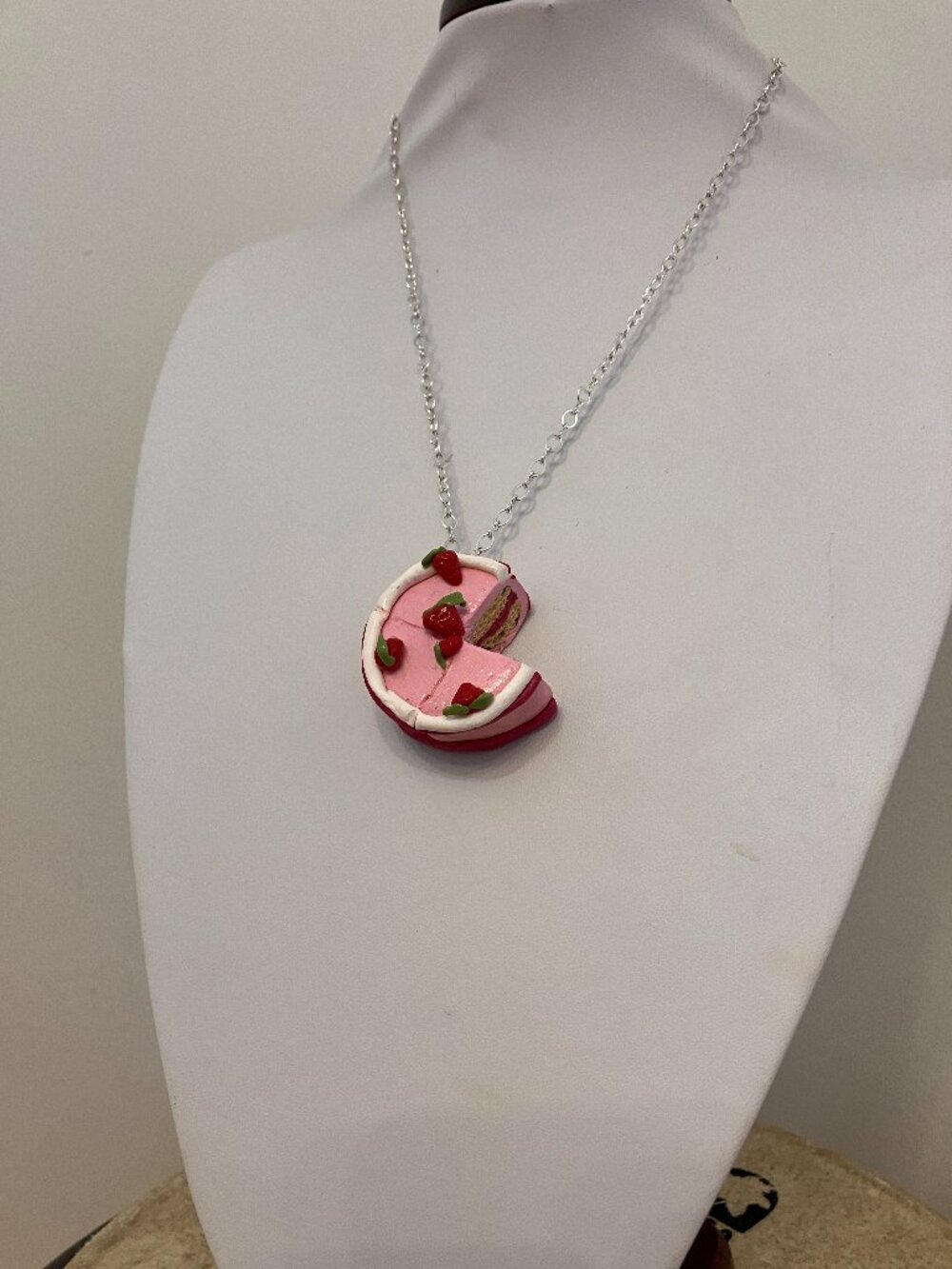 Handmade Polymer Clay Strawberry Cake Necklace | Miniature Food Jewelry